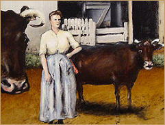 Detail of Oil Painting by Edward K Hudson, farm woman with two cows